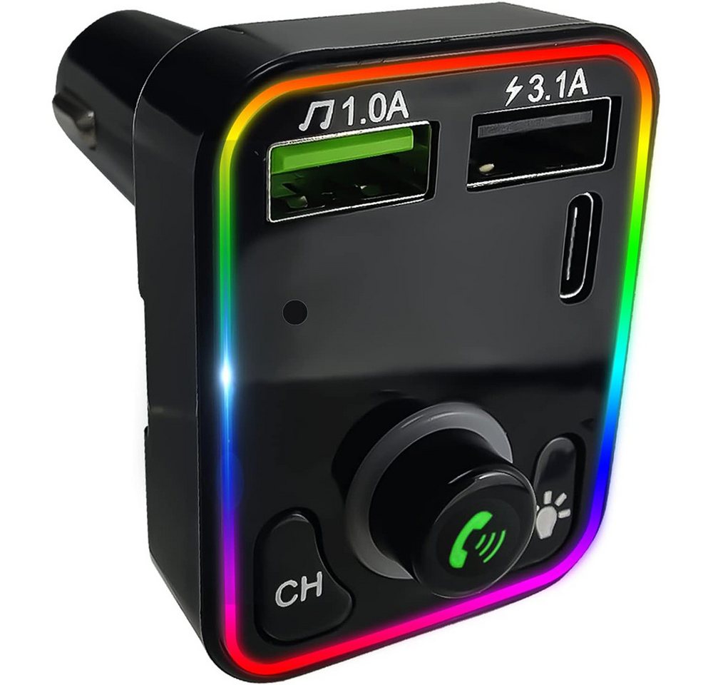 Hikity Zigarettenanzünder-Verteiler Bluetooth 5.0 Auto-FM-Transmitter, zwei USB und Typ-C Schnellaufladung (7-Farben-Ambiente-Licht), Freisprecheinrichtung und MP3-Player von Hikity
