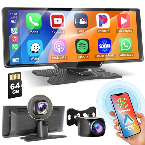 Wireless Apple Carplay Android Auto Display mit 2.5K Dashcam Vorne, 1080P Rückfahrkamera, 9,3-Zoll Carplay Display mit Bluetooth, Mirror Link, FM Transmitter, AUX Kabel, 64 TF Karte von Hikity