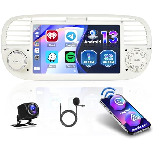 Wireless Carplay Autoradio für FIAT 500 2007-2015 mit 7 Zoll Bildschirm Touch Display Android 13 Autoradio mit Navi Bluetooth WiFi USB FM RDS Rückfahrkamera Canbus(Weiß) von Hikity