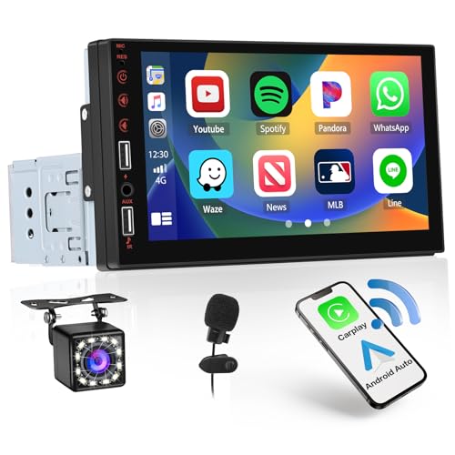 [Wireless] Hikity 1Din Autoradio mit 7 Zoll Bildschirm, Kompatibel mit Wireless CarPlay/Android Auto, Autoradio Bluetooth mit Duale USB-Anschlüsse Rückfahrkamera Fernsteuerung Mic FM Radio von Hikity