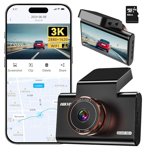 Hikvision Dashcam Auto Vorne 3K, GPS, 3” IPS-Curved-Display mit Nachtsicht, Auto Kamera mit 64GB SD Karte, Parküberwachung, WiFi APP Steuerung, WDR, G-Sensor, Loop-Aufnahme, Max 128GB(C6 Pro) von Hikvision