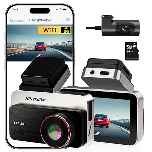 Hikvision Dashcam Auto Vorne Hinten, 3" IPS Bildschirm mit 64GB SD Karte, 1080+1080 Dual Auto Kamera mit APP Steuerung, WiFi, Super Nachtsicht,WDR,G-Sensor, Parküberwachung, Support 256GB Max(C200s) von Hikvision