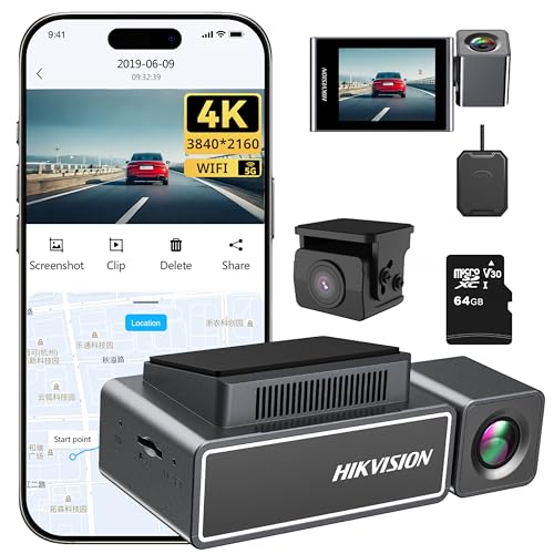 Hikvision Dashcam Auto Vorne Hinten, 4K+1080P Dash Cam mit GPS WiFi, 2,45" IPS-Touch Screen mit 64GB SD Karte,ADAS, G-Sensor, Car Camera APP Control, WDR Nachtsicht, Loop-Aufnahme, 256 GB Max(C8 Pro) von Hikvision