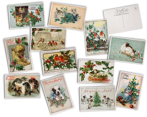 Hill Valley Greetings Antike Weihnachtstiere Postkarten auf luxuriösem antikem strukturiertem Karton – 24 Vintage-Weihnachtspostkarten – 12 sortierte Retro-Tier-Illustrationskarten von Hill Valley Greetings