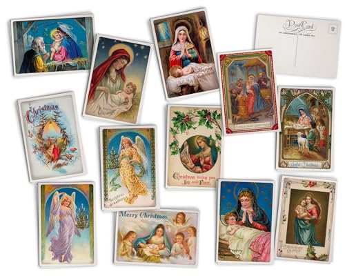 Hill Valley Greetings Antike Weihnachtspostkarten Jesus & Engel auf luxuriösem antikem strukturiertem Karton, 24 Vintage-Weihnachtspostkarten, 12 verschiedene religiöse Retro-Illustrationskarten von Hill Valley Greetings