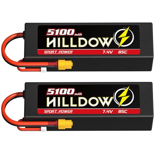 2S LiPo Batterie 5100mAh 7,4 V 85C RC Batterie mit Hartgehäuse und XT60 Stecker für 1/8 und 1/10 RC Fahrzeuge wie RC Autos, RC Buggys, RC Truggys, RC Flugzeuge, Drohnen (2Pack) von Hilldow