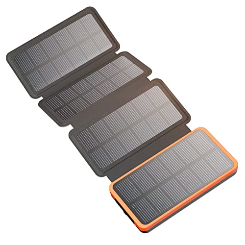 Hiluckey Solar Powerbank 25000mAh mit 4 Solarpanels, 3A Schnelles Aufladen USB C Tragbares Solar Ladegerät mit 3 Ausgänge Externer Akku für Handy Tablet von Hiluckey