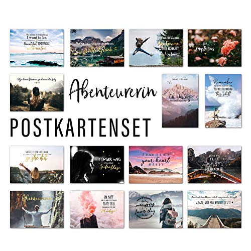 Him & I® Postkarten Set Abenteurerin - 15 verschiedene Postkarten mit Sprüchen & Zitaten - Abenteuer, Veränderung, Freundschaft, Mut & Motivation - Geschenkidee - inspirierende Spruchkarten mit Motiv von Him & I