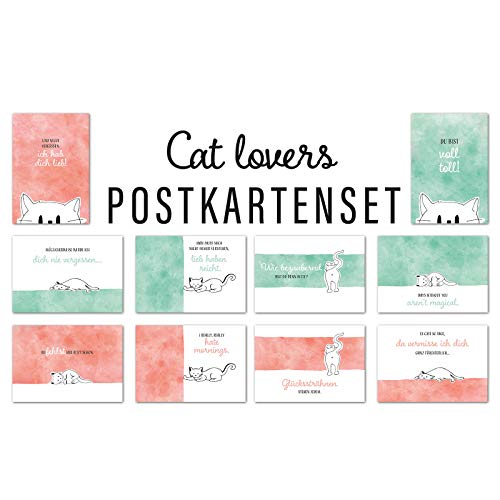 Him & I® Postkarten Set Cat Lovers - 10 verschiedene Katzen Postkarten mit Sprüchen & Zitaten - witzig & lustig - Geschenkidee für Tierliebhaber - kreative Spruchkarten mit Katzen Motiv - Illustration von Him & I