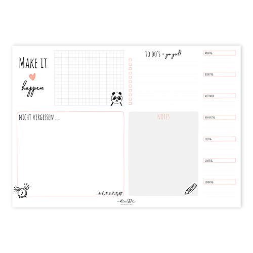 Him & I® - Schreibtischunterlage make it happen - Schreibunterlage aus Papier zum Abreißen, 50 Blatt, Malunterlage, To-Do-Liste, Wochenplaner von Him & I