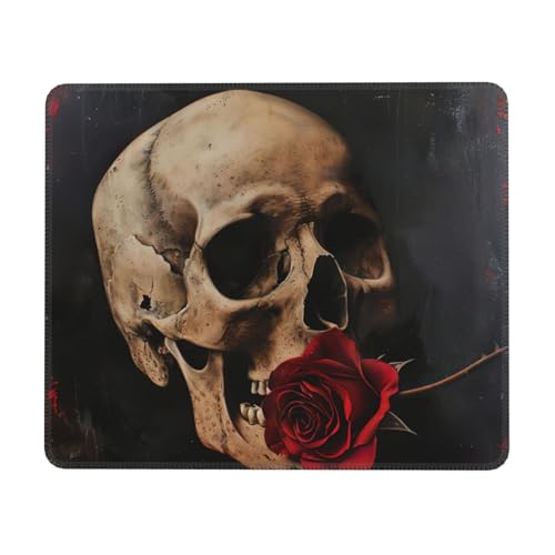 Hingor Mauspad mit Totenkopf und roter Rose mit genähten Kanten, Premium-Textur-Mauspad, rutschfeste Gummiunterseite, Mauspad für Gaming-Laptop und Computer von Hingor