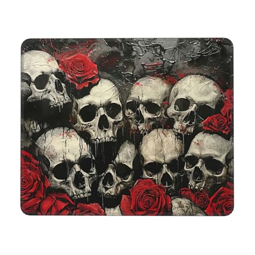 Hingor Mauspad mit Totenkopf und roter Rose mit genähten Kanten, Premium-Textur-Mauspad, rutschfeste Gummiunterseite, Mauspad für Gaming-Laptop und Computer von Hingor