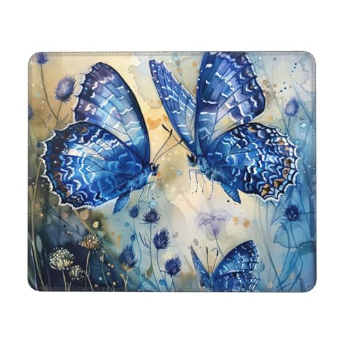 Hingor Mauspad mit blauen Schmetterlingen und genähten Kanten, Premium-Textur-Mauspad, rutschfeste Gummiunterseite, Mauspad für Gaming, Laptop, Computer von Hingor
