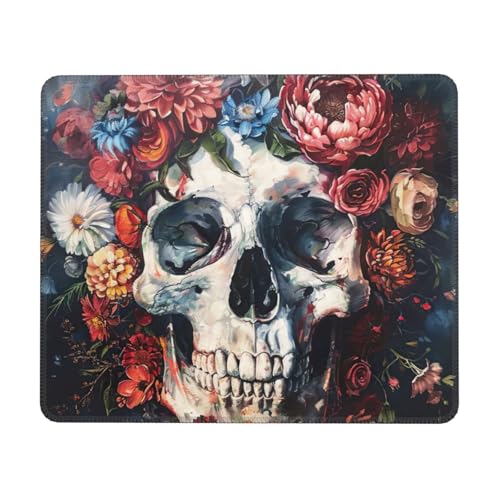Hingor Mauspad mit floralem Totenkopf-Druck und genähten Kanten, Premium-Textur-Mauspad, rutschfeste Gummiunterseite, Mauspad für Gaming-Laptop und Computer von Hingor