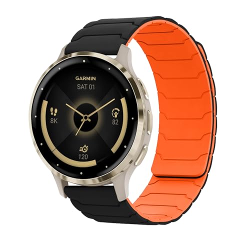 Hinnwer 18mm Armband Kompatibel mit Huawei Watch GT 5 Pro 42mm/Watch GT 5 41mm/Garmin Venu 3S 41mm/Forerunner 265S, Doppelseitiges Magnetische Silikon Armbänder für Forerunner 255S SchwarzOrange von Hinnwer