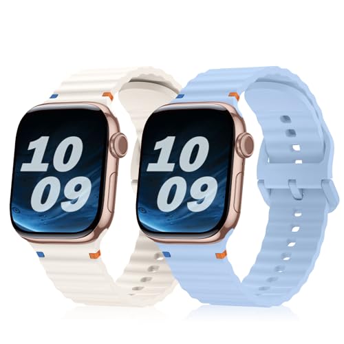 Hinnwer Armband Kompatibel mit Apple Watch 46mm 45mm 44mm 42mm 49mm für Damen Herren, 2 Stück Silikon Uhrenarmband für Apple Watch Ultra 2 Ultra SE 2 SE Series 10 9 8 7 6 5 4 3 2 Sternenlicht HellBlau von Hinnwer