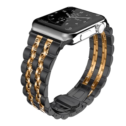 Hinnwer Armband für Apple Watch 49mm 45mm 44mm 42mm Damen Ersatzarmbänder Edelstahl Metall replacement bracelet Kompatibel mit Apple Watch Ultra2 Ultra SE2 SE Series 9 8 7 6 5 4 3 2 1 (Schwarz+Gold) von Hinnwer