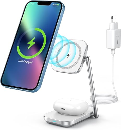 Hinyx Wireless Faltbare Induktive Ladestation, 2 in 1 Kabelloses Ladegerät Kompatibel iPhone 14 15 13 12 11/Pro/XS/XR/X/8, Samsung Phones, AirPods 3/Pro/2 (Adapter Enthalten) von Hinyx