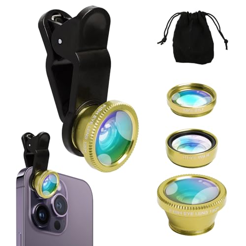 Handy Kamera Objektiv Set 3-in-1, Kamera-Adapter Clip-On Universal, Smartphone Objektiv mit 180°Fischaugenobjektiv + 0.67x Weitwinkel + Makroobjektiv, für den Meisten Smartphone (Gold) von Hioip