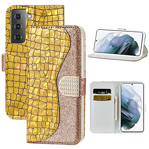 Hious Hülle für Samsung Galaxy S22, PU Flip Lederhülle Glitzer Handyhülle, mit Standfunktion Kartenfach Schutzhülle Diamant Glänzende Geldbörse Handytasche Case von Hious