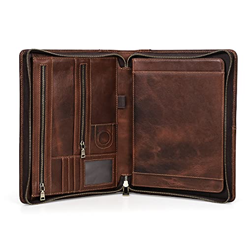 Hiram Handgemachtes italienisches Leder-Padfolio, echtes Leder A4 Business Portfolio Work Organizer Vintage Ledertasche für iPad 11" Multifunktions-Reißverschluss für Rechtshänder von Hiram