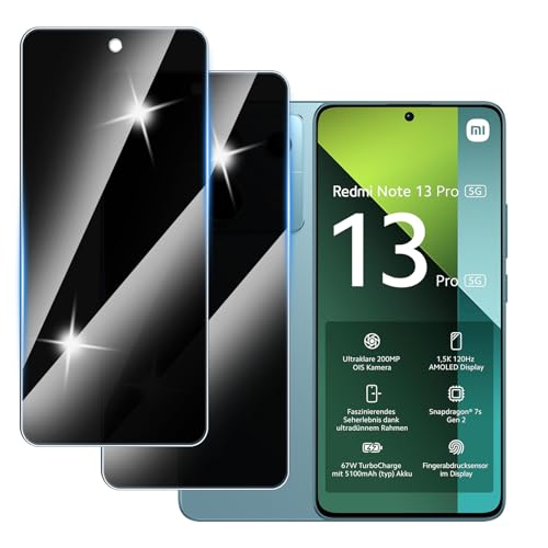 Hirshen [2 Stück] Sichtschutzfolie für Redmi Note 13 Pro 5G Panzer Schutz Glas, Anti-Spähen Privatsphäre Schutzfolie, 9H Härte, Anti-Kratzer, Bläschenfrei,Anti-Spy von Hirshen