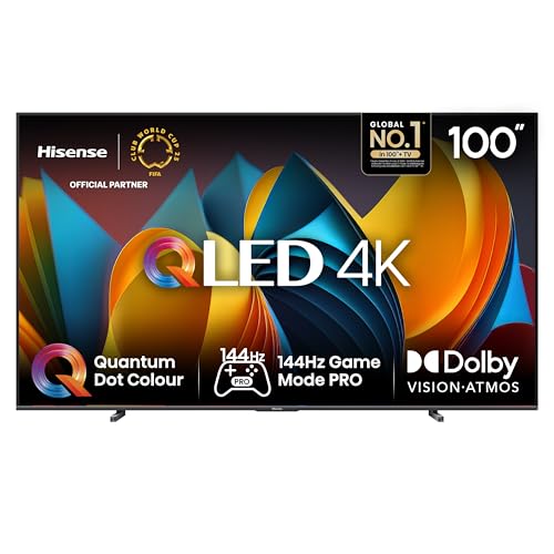 Hisense 100E7NQ 254 cm (100 Zoll) Fernseher, 4K UHD, QLED, HDR10, HDR10+ decoding, HLG, Dolby Vision Atmos, 144Hz VRR, Smooth Motion, Bluetooth, Alexa Built-in, VIDAA Voice, Schwarz [2025] von Hisense