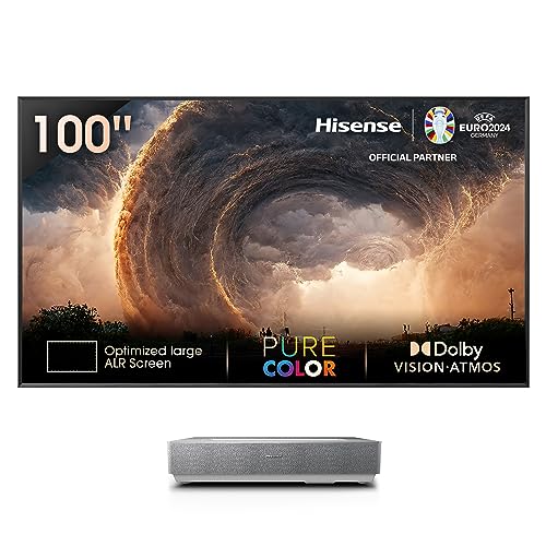 Hisense 100L5HD Daylight Screen (100 Zoll) Laser TV Projektor, inkl. 100" Daylight Screen Panel, 4K, HDR10+, VIDAA U6, Ultrakurzdistanz, Dolby Vision, Triple Tuner, Dolby Atmos, WiFi, Silber (2023) von Hisense