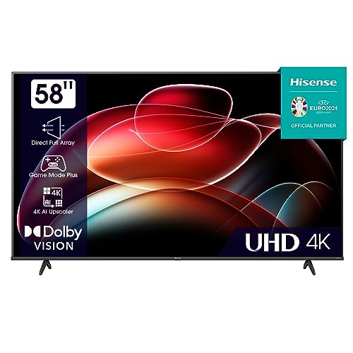 Hisense 58E6KT 146cm (58 Zoll) Fernseher, 4K UHD, Smart TV, HDR, Dolby Vision, Triple Tuner DVB-C/S/ S2/ T/ T2, Frameless, Bluetooth, WiFi, Alexa Built-In, DTS Virtual X, Hotel Mode, Schwarz [2023] von Hisense