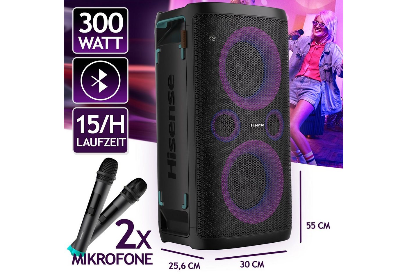 Hisense Party Rocker One Plus Lautsprecher (Bluetooth, 300 W, Kabelloses Aufladen furs Telefon, Oberfläche wasserdicht: IPX04) von Hisense