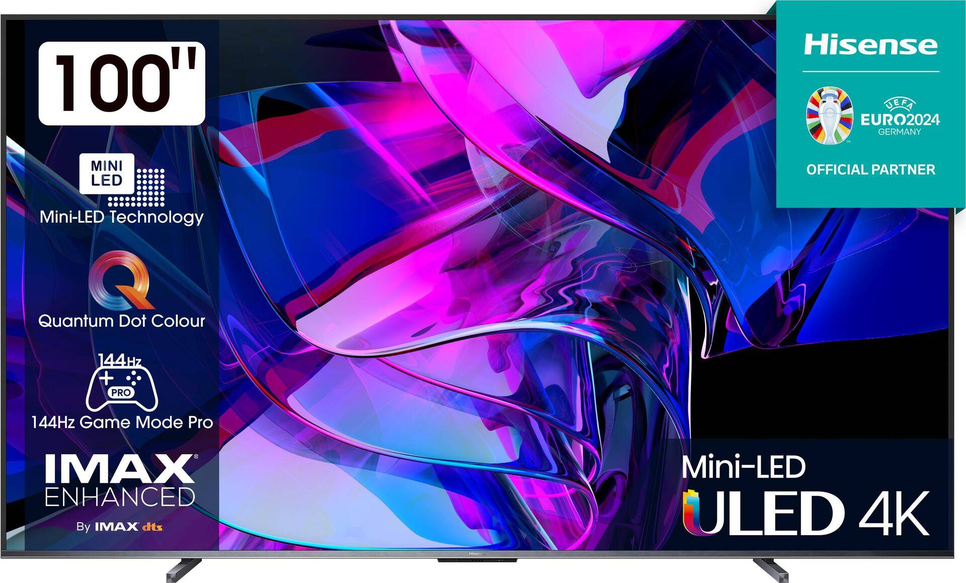 Hisense U7KQ 100U7KQ. Bildschirmdiagonale: 2,54 m (100), Display-Auflösung: 3840 x 2160 Pixel, HD-Typ: 4K Ultra HD, Bildschirmtechnologie: LED, Bildschirmform: Flach, LED-Hintergrundbeleuchtungstyp: Mini-LED. Smart-TV. Motion Interpolation Frequenz: 120 Hz, Helligkeit: 500 cd/m², Kontrastverhältnis: 4000:1, Natives Seitenverhältnis: 16:9. Digitales Signalformatsystem: DVB-C, DVB-S, DVB-S2, DVB-T, DVB-T2. WLAN, Ethernet/LAN. Produktfarbe: Schwarz (100U7KQ) von Hisense
