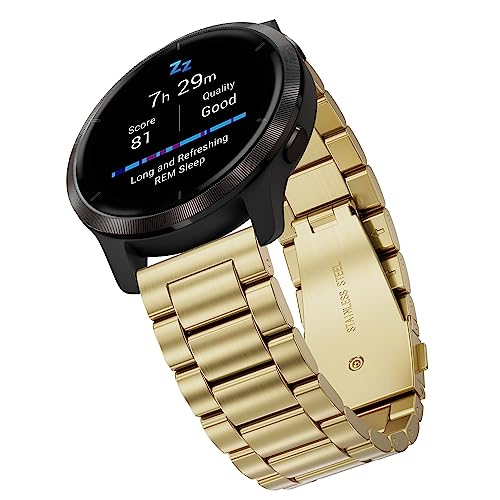 Hiseus 22mm Armband Kompatibel mit Garmin Forerunner 255/Forerunner 255 Music 46mm/Vivoactive 4/Venu 2, Edelstahl Metall Ersatz Armband Uhrenarmband für Damen Herren (Gold) von Hiseus