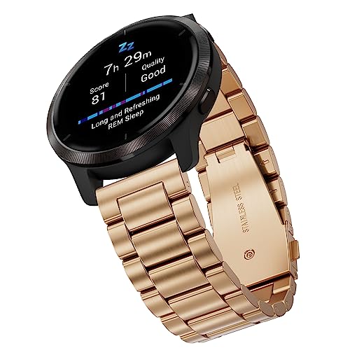 Hiseus 22mm Armband Kompatibel mit Garmin Forerunner 255/Forerunner 255 Music 46mm/Vivoactive 4/Venu 2, Edelstahl Metall Ersatz Armband Uhrenarmband für Damen Herren (Roségold) von Hiseus