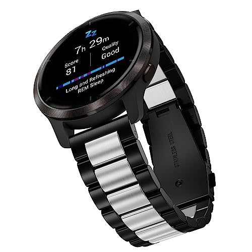Hiseus 22mm Armband Kompatibel mit Garmin Forerunner 255/Forerunner 255 Music 46mm/Vivoactive 4/Venu 2, Edelstahl Metall Ersatz Armband Uhrenarmband für Damen Herren (Schwarz/Silber) von Hiseus
