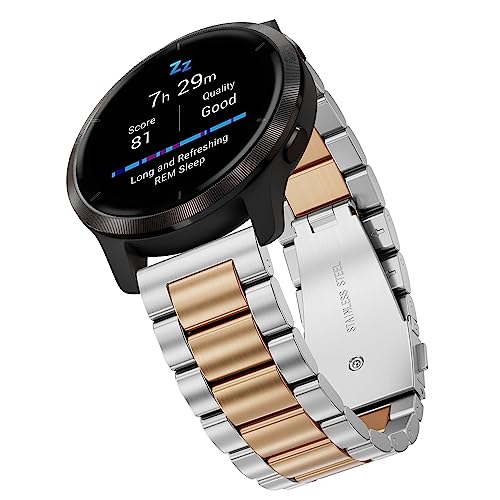 Hiseus 22mm Armband Kompatibel mit Garmin Forerunner 255/Forerunner 255 Music 46mm/Vivoactive 4/Venu 2, Edelstahl Metall Ersatz Armband Uhrenarmband für Damen Herren (Silber/Roségold) von Hiseus