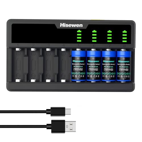 Hisewen 4Pack Wiederaufladbares CR123A Akku, 8-Slot Ladegerät für Arlo Kamera VMC3030 VMK3200 VMS3230/3330/3430/3530 von Hisewen