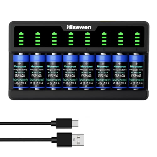 Hisewen 8Pack Wiederaufladbares 123A Akku, 8-Slot Ladegerät für Arlo Kamera VMC3030 VMK3200 VMS3230 3330 3430 3530 von Hisewen