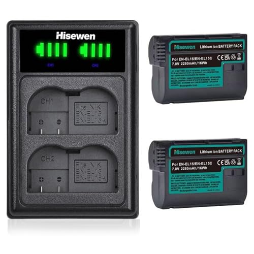 Hisewen EN-EL15 EL15c Akku 2Pack und Dual Ladegerät für Nikon Z5, Z6, Z6 II, Z7, Z7II, D850, D750, D810, D7500, D7200, D7100, D7000, 1 V1, D500, D600, D610, D800, D800E, D810A Kamera von Hisewen