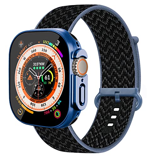 Hisri Schutzhülle mit Band, kompatibel mit Apple Watch Ultra, 49 mm, mit 9H-Displayschutz aus gehärtetem Glas, Nylon-Solo-Loop-Armband mit schmaler Stoßstange, Schutzhülle für iWatch Ultra (49 mm, von Hisri