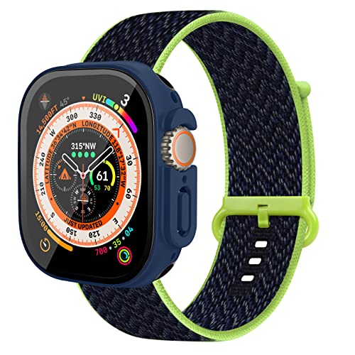 Hisri Schutzhülle mit Band, kompatibel mit Apple Watch Ultra, 49 mm, mit 9H-Displayschutz aus gehärtetem Glas, Nylon-Solo-Loop-Armband mit schmaler Stoßstange, Schutzhülle für iWatch Ultra (49 mm, von Hisri