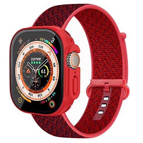 Hisri Schutzhülle mit Band, kompatibel mit Apple Watch Ultra 49 mm, mit 9H-Displayschutz aus gehärtetem Glas, Nylon, Solo-Loop-Armband mit schmaler Stoßstange, Schutzhülle für iWatch Ultra (49 mm, Hot von Hisri