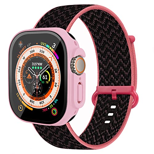 Hisri Schutzhülle mit Band, kompatibel mit Apple Watch Ultra 49 mm, mit 9H-Displayschutz aus gehärtetem Glas, Nylon-Solo-Loop-Armband mit schmaler Stoßstange, Schutzhülle für iWatch Ultra (49 mm, von Hisri