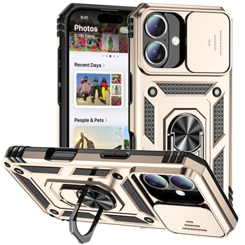 Hitaoyou Schutzhülle für iPhone 16, mit Kamera-Abdeckung und Ständer, Militärqualität, stoßfest, mit magnetischer KFZ-Halterung, goldfarben von Hitaoyou