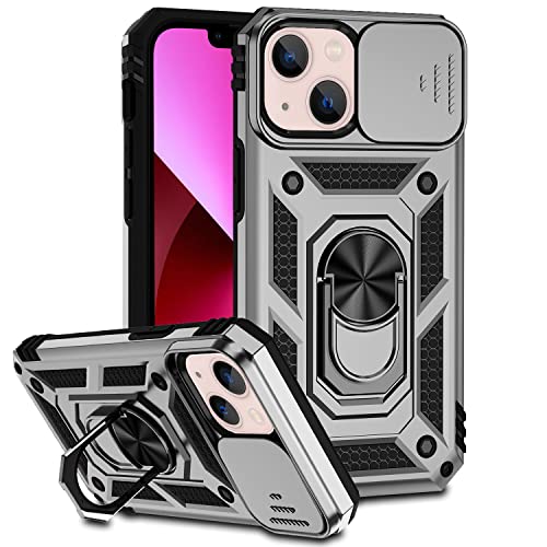 Hitaoyou iPhone 13 Hülle, iPhone 13 Hülle mit Kameraabdeckung & Ständer Militärqualität Stoßfest Heavy Duty Schutz mit magnetischer Autohalterung Handyhüllen für iPhone 13 6.1'' (Silver) von Hitaoyou