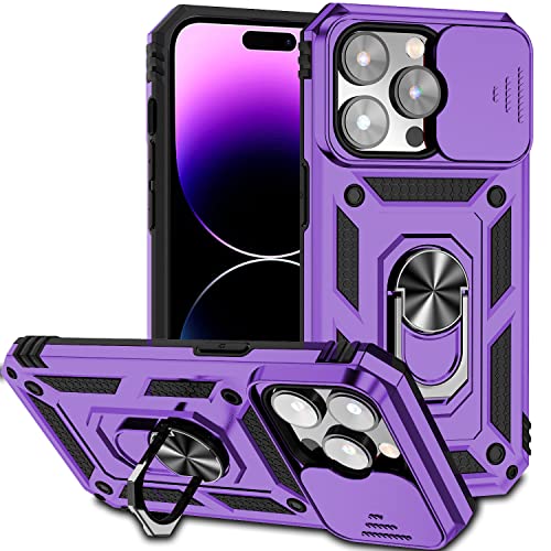 Hitaoyou iPhone 14 Pro Max Hülle mit Kameraabdeckung & Ständer, Schiebeobjektivschutz + 360° drehbarer Ringständer, schlagfest, stoßfest, Stoßschutz, Hüllen für iPhone 14 pro max 6,7 Zoll (C-Purple) von Hitaoyou