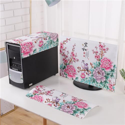 Hixingo 3 Stück Set Staubschutzhülle für Computer-Monitore, Tastatur Computer Host Desktop PC Monitor Protector Staubdicht Computer Fall Abdeckungen Muster (22 Zoll,rosa Pfingstrose) von Hixingo