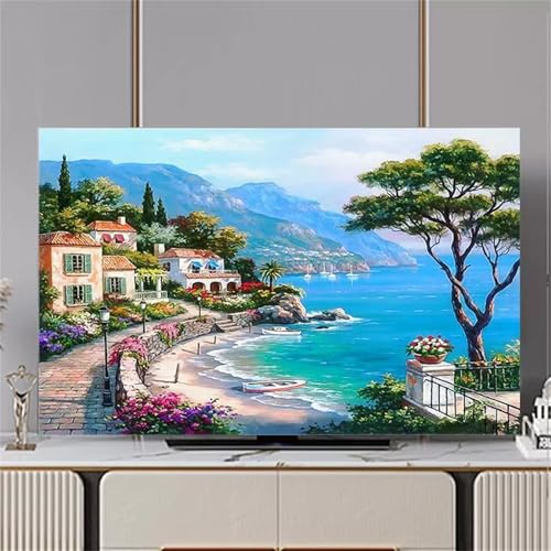 Hixingo TV Abdeckung Staubschutzhülle, 3D Landschaft Muster Schutzhülle Fernseher 32-80 Zoll TV Schutzhülle Fernsehabdeckung Fernseh Abdeckung Abdeckhaube für Fernseher (Meerblick,80inch) von Hixingo