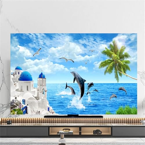 Hixingo TV Abdeckung Staubschutzhülle, 3D Sandstrand Muster Schutzhülle Fernseher 32-80 Zoll TV Schutzhülle Fernsehabdeckung Fernseh Abdeckung Abdeckhaube für Fernseher (Ägäische Insel,55inch) von Hixingo