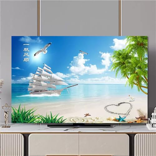 Hixingo TV Abdeckung Staubschutzhülle, 3D Sandstrand Muster Schutzhülle Fernseher 32-80 Zoll TV Schutzhülle Fernsehabdeckung Fernseh Abdeckung Abdeckhaube für Fernseher (Segelboot,49-52inch) von Hixingo
