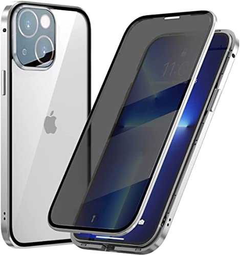 Anti-Peep Magnetische Adsorption Hülle für iPhone 13 Mini, Anti-Spy Handyhülle 360 Grad Metall Case Privat Screen Schutz doppelseitige Gehärtetes Glas Schutzhülle Anti-Spähen Case Cover,Silber von Hkess